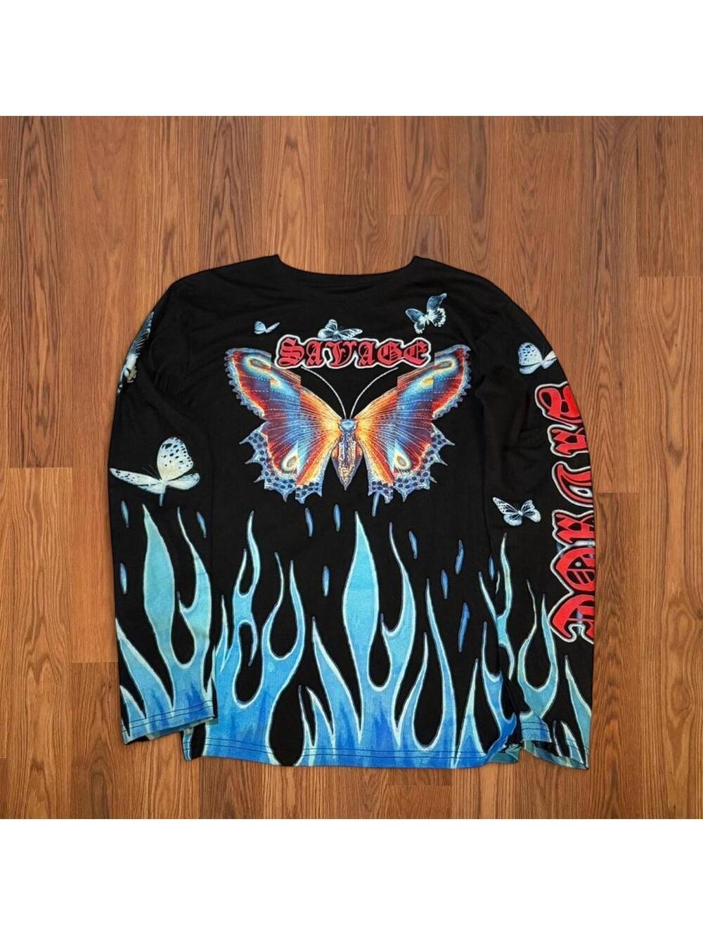 Women's Fresh Laundry Y2K Blue flame long sleeve t shirt with butterfly designs